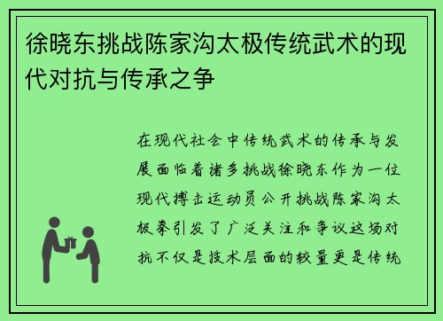 徐晓东挑战陈家沟太极传统武术的现代对抗与传承之争